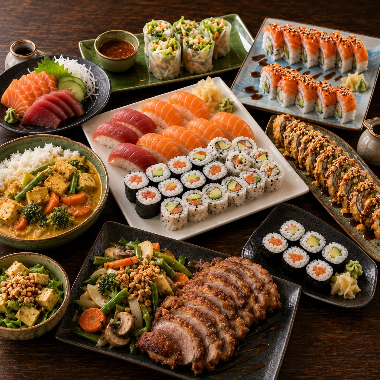 Auswahl unserer Speisen: Sushi, Sashimi, Curry, Ente und Salate